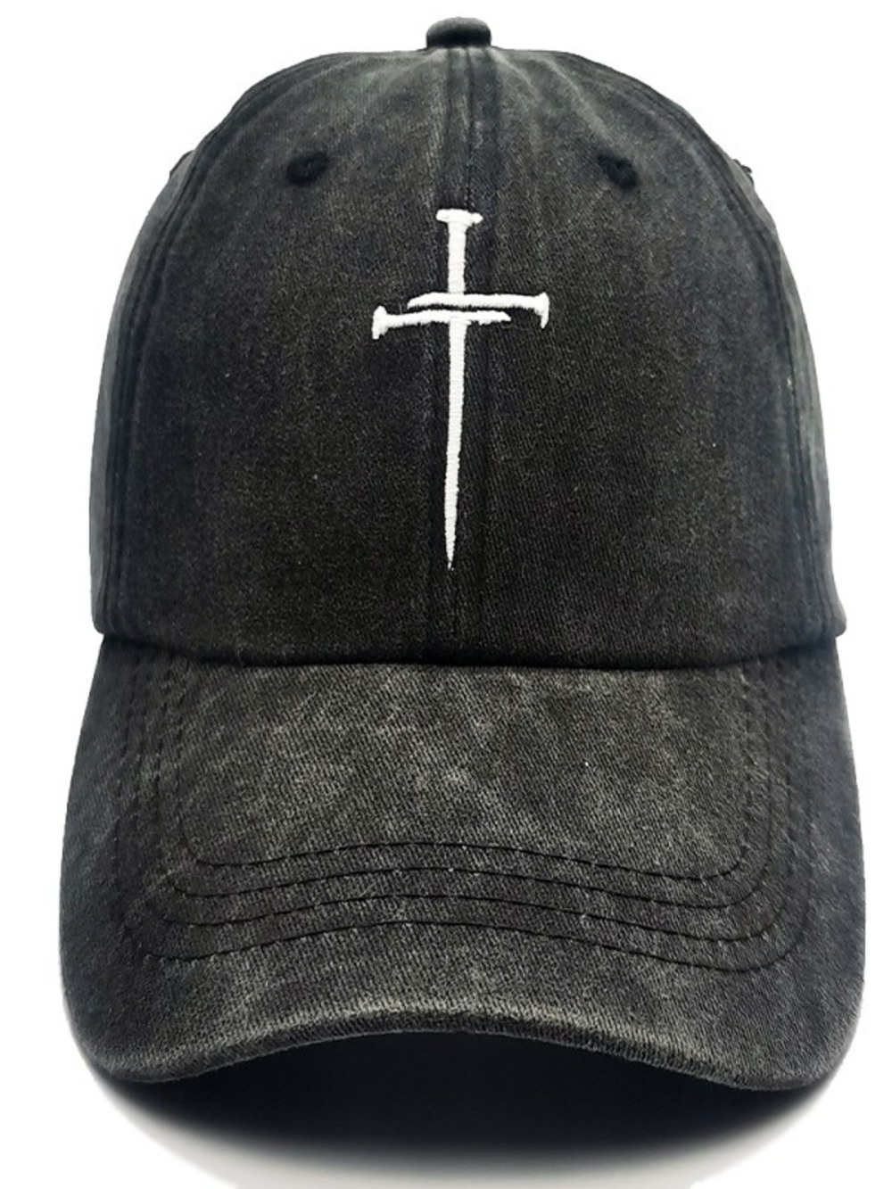 Black Washed Cotton Baseball Cap with White Sword Embroidery
